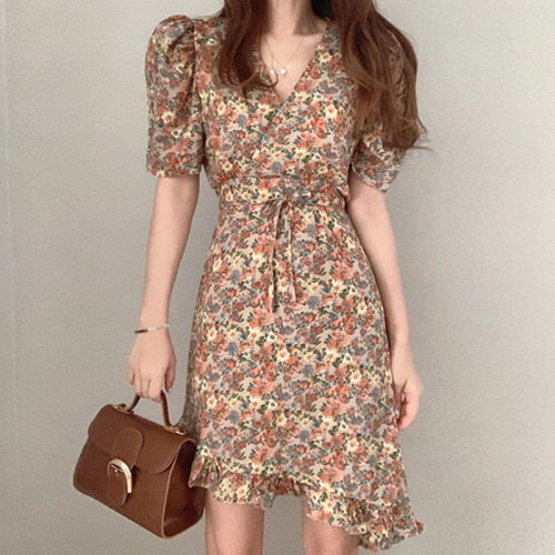 New summer tea break French minority collar Floral Chiffon Dress