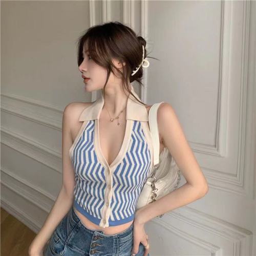 Women's Retro striped collar with halter waistcoat and bare back top