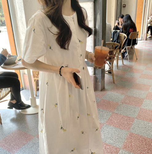 Korean chic age reduction small fresh yellow embroidery round neck single breasted loose medium length short sleeve dress