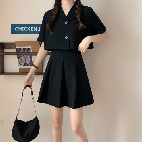 Real price 2021 summer small high waist A-line light proof pleated skirt + black short single breasted top