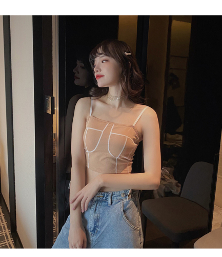 Hong Kong style retro net red suspender vest women's short style new color contrast design feeling with chest cushion slim bottomed shirt
