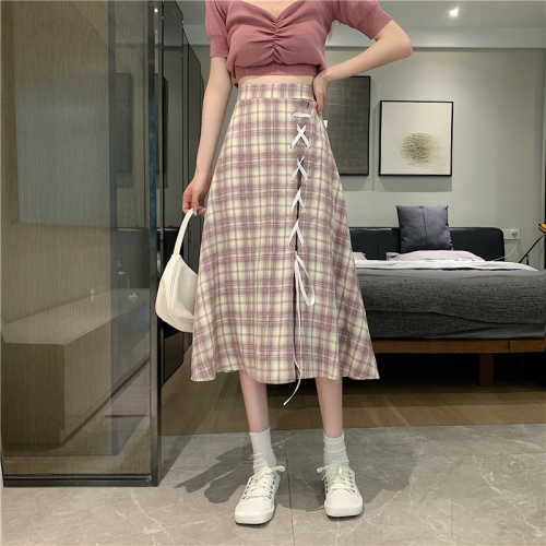 Real price ~ plaid skirt women's Korean high waist A-line mid length bandage umbrella skirt