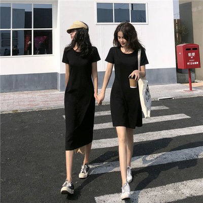 2021 spring new black medium length T-shirt skirt slim and versatile dress Student Korean version