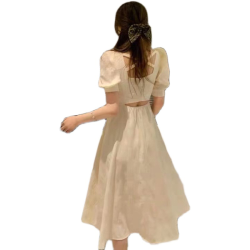 Light yellow Collar Chiffon dress women's summer French bubble sleeve waist with slim figure high waist skirt