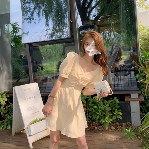 Light yellow Collar Chiffon dress women's summer French bubble sleeve waist with slim figure high waist skirt