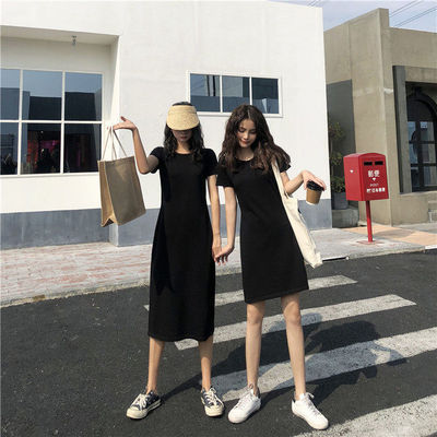 2021 spring new black medium length T-shirt skirt slim and versatile dress Student Korean version