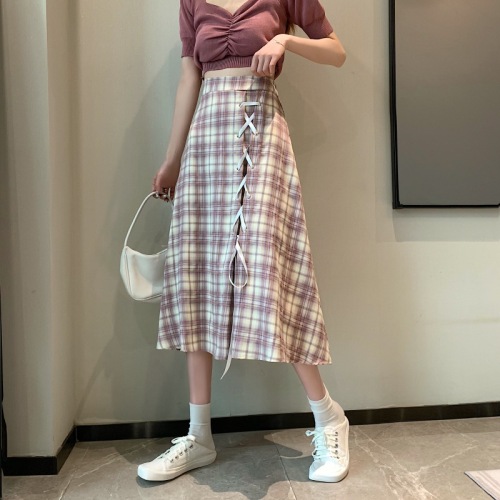 Real price ~ plaid skirt women's Korean high waist A-line mid length bandage umbrella skirt
