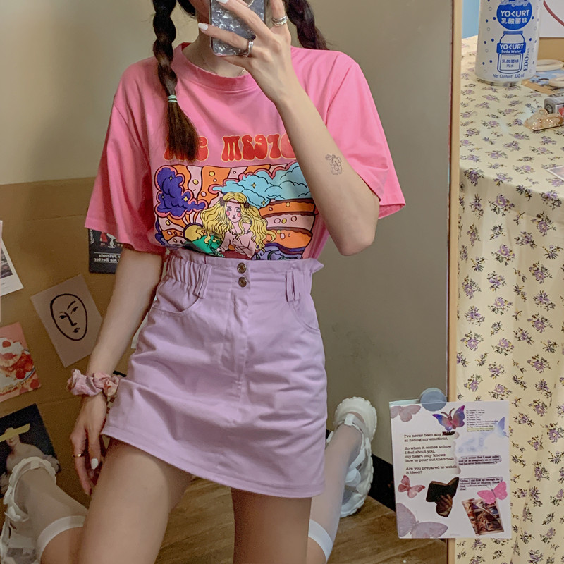 Real print short sleeve French fairy round neck T-shirt + purple skirt