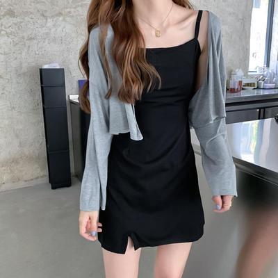 Summer new net red foreign style age reducing small short sunscreen cardigan suspender dress two piece suit for women