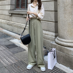 Real price real shot design feeling high waist slim floor pants two button wide leg pants + loose shirt