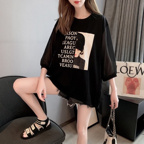 Official picture summer mid length super fire lace stitching open back round neck short sleeve T-shirt