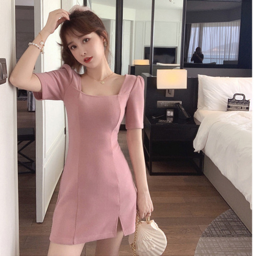 New design in summer French retro small slim solid color Platycodon grandiflorum tea break dress