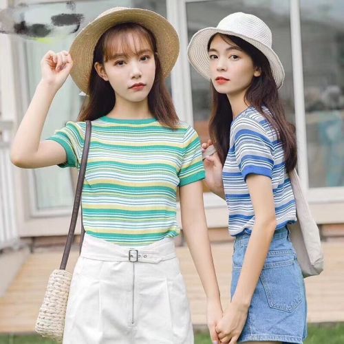 Stripe slim college wind ice silk T-shirt ins top women's short sleeve girlfriends Korean students' little fresh women's summer