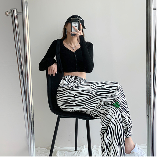 Guantu ins retro zebra sports pants women's high waist loose legged pants elastic waist casual pants