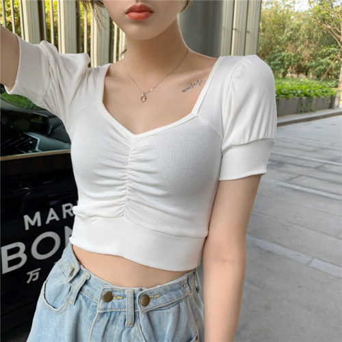 Real price French style square collar leaky clavicle T-shirt women's bubble sleeve elastic tight short open navel top