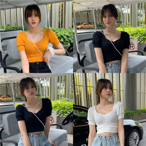 Real price French style square collar leaky clavicle T-shirt women's bubble sleeve elastic tight short open navel top