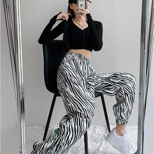 Guantu ins retro zebra sports pants women's high waist loose legged pants elastic waist casual pants