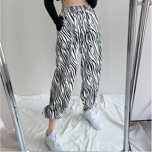 Guantu ins retro zebra sports pants women's high waist loose legged pants elastic waist casual pants