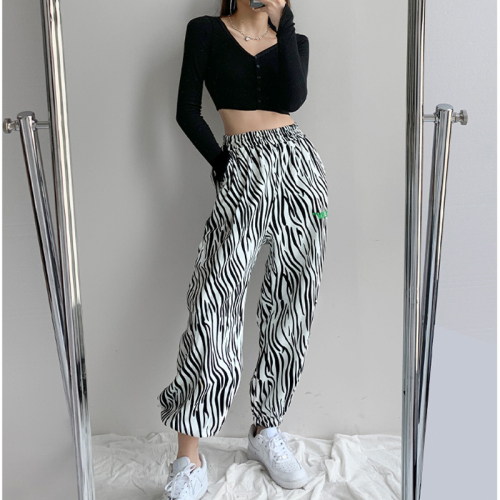 Guantu ins retro zebra sports pants women's high waist loose legged pants elastic waist casual pants