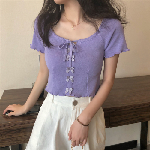 Homemade new style temperament square collar pure color knitting lovely girl fungus edge butterfly versatile student top