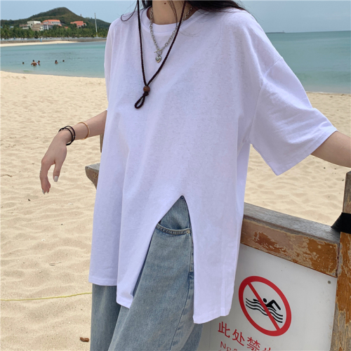 Real price real shot 5 colors / loose short sleeve women's split T-shirt mid length top disappear in summer tide