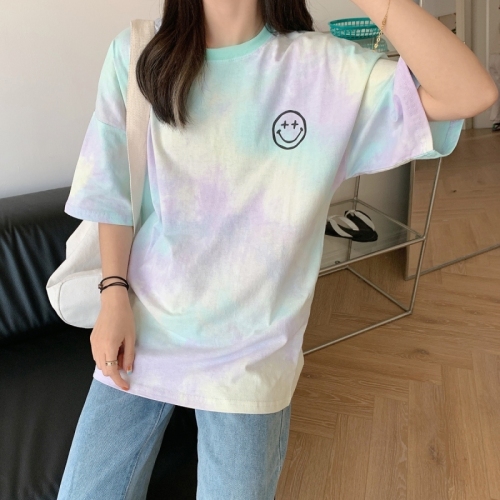 Real shot cotton short sleeve tie dyed T-shirt women's contrast loose size top summer new product