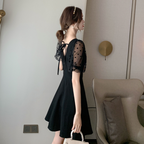 Hepburn's waist is slim, gauze stitching chiffon dress women's summer black date skirt