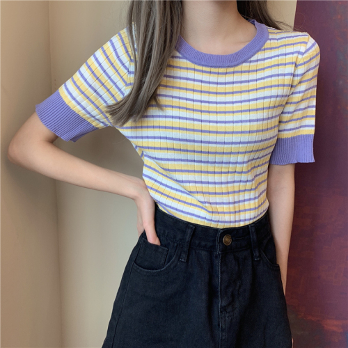 Real price ~ summer new striped knitting round neck thin T-shirt short top female