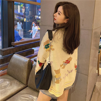Bear knitted cardigan women's 2020 loose lazy style V-Neck Sweater Coat medium length college style