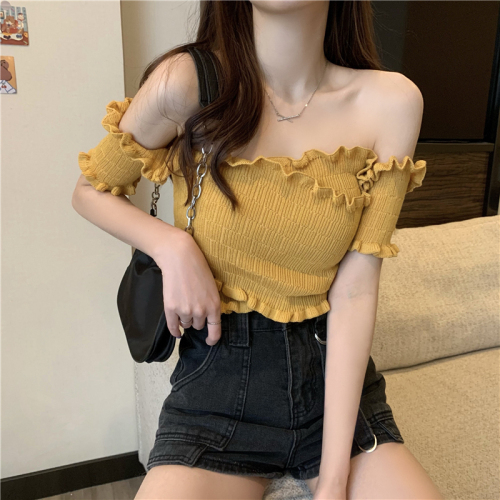 Real price early autumn new one shoulder cross short short sleeve lace T-shirt