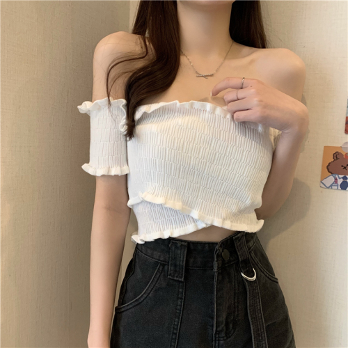 Real price early autumn new one shoulder cross short short sleeve lace T-shirt