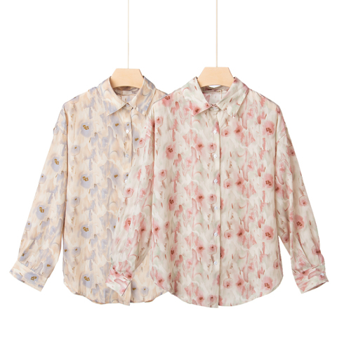 Retro Hong Kong Style halo dye printed shirt new thin and loose chiffon long sleeve collar top in spring and summer