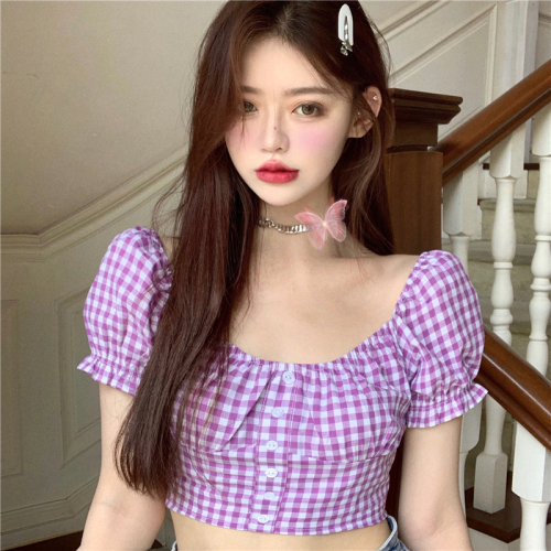 Real price rose pink French girl retro square collar Plaid short open navel Ruffle bubble sleeve top