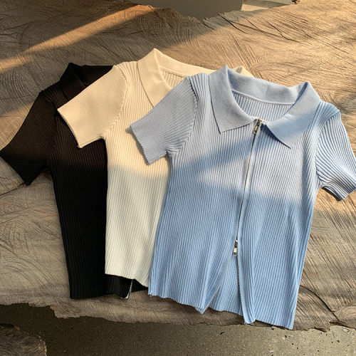 European and American retro fashionable Lapel zipper T-shirt women's spring and summer new waist slim short sleeve ice silk top