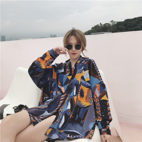 Geometric Printed Summer Ink Shirts with Long Sleeves and Loose Sunscreen Shirts