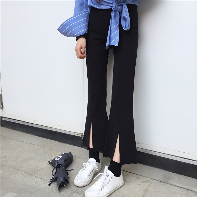 Real-price spring retro micro-horn open-forked pants nine-minute trousers high waist body-building broad-legged pants