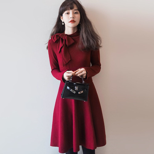 Autumn French style vintage Hepburn small fragrance foreign air red inside with knitted sweater Long Sleeve Dress NEW