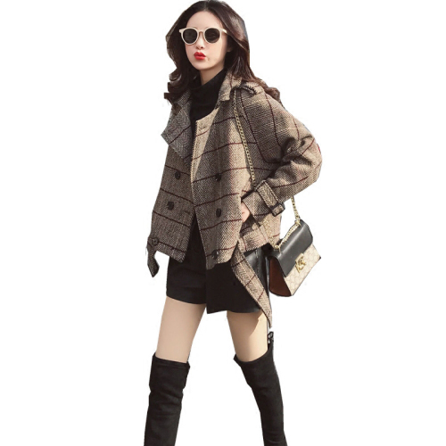 Autumn and winter new Korean version thickened little woolen coat girl short student Plaid loose woolen coat