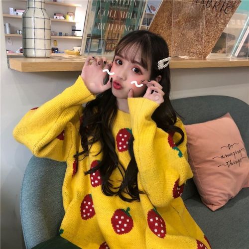 New autumn and winter women's Korean loose lazy strawberry thick net red pullover sweater sweater jacket