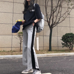 Real photo real price new style elastic lace up side matching vertical bar loose casual sports straight pants