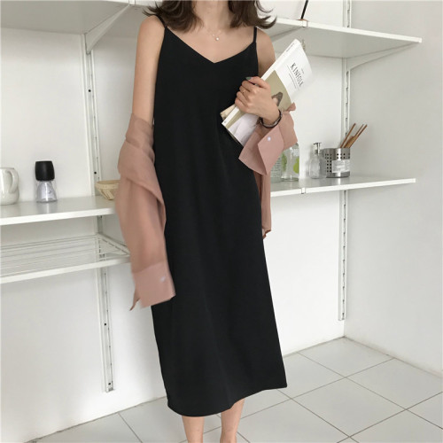 Quality Inspection ~Real Price Loose Black V-tie Bottom-down Long Simple Black Skirt Dress