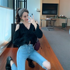 Real price sweater women's new fall and winter wear off shoulder top loose Slouchy head knitting