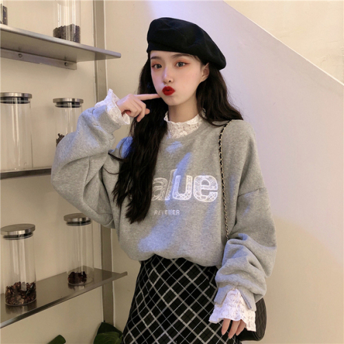 New fashion Korean lace stitching fake two piece sweater women's winter plush and thickening Korean