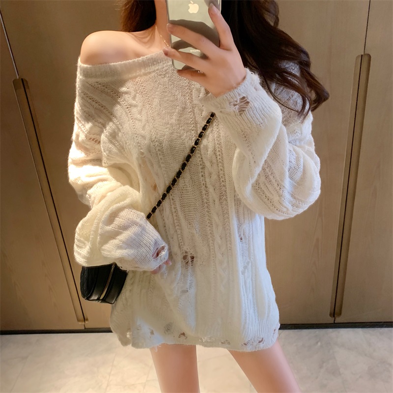 Real photo ~ real price ~ New Hong Kong Style pullover in autumn and winter loose Slouchy hollow knitwear long sleeve top female