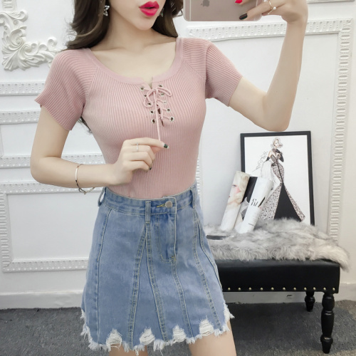 Actual Short Sleeve Knitted Shirt Blouse Pure Color Blouse