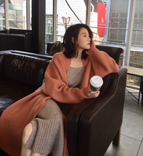 Autumn and Winter New Korean Chic Wind Long Knitted cardigan with knee tie and open-forked loose sweater jacket