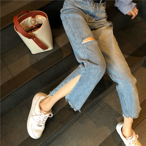 Real shot! Checked ~Korean version of pants with open legs, straight barrels, holes, beggars, nine-minute pants, high-waist jeans