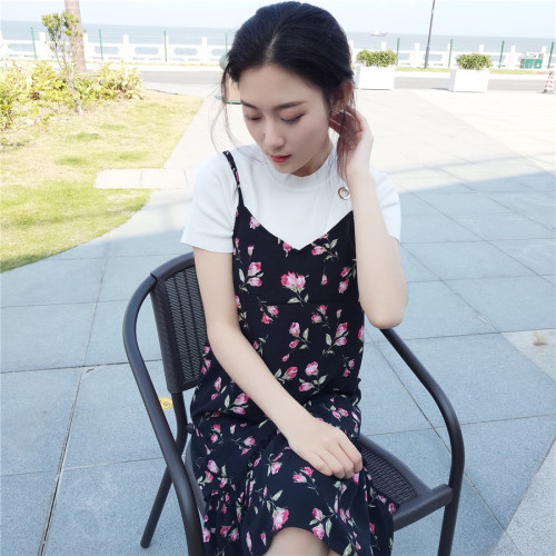 Actual Spring and Summer New Type 2018 Retro Lotus Leaf Side Suspender Dress Loose Long Skirt