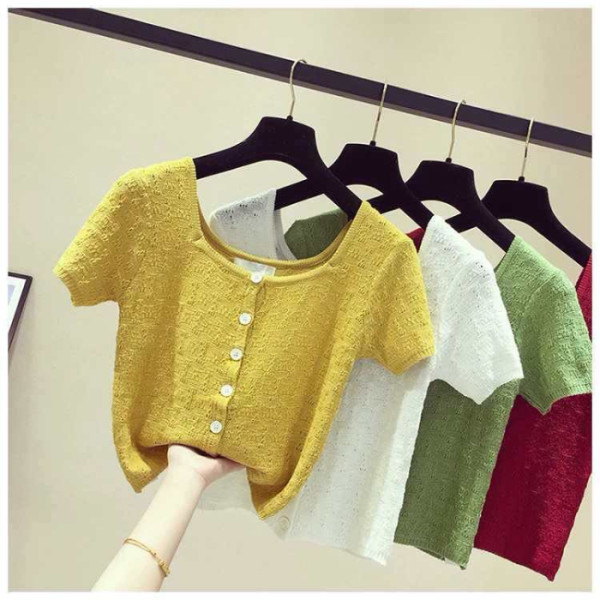 Short cut square neck knitted shirt new Korean slim short sleeve bottoming shirt half sleeve