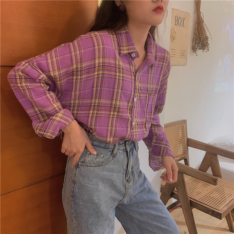 Real photo real price retro Pullover Plaid Shirt women's Korean version loose thin shirt temperament sweet top